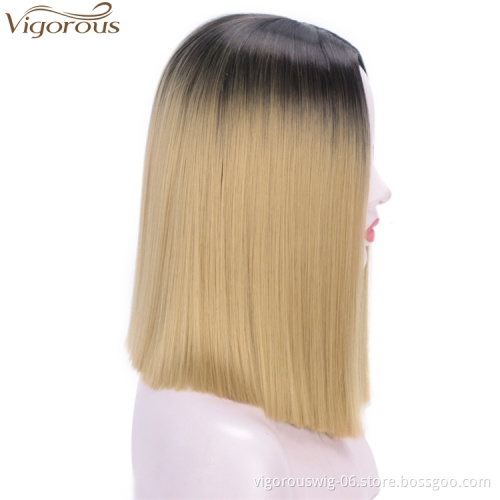 Vigorous Short Straight Bob Hair Synthetic Wigs For Women 2 Tone Ombre Blonde Wigs Glueless Cosplay Hair Wigs For Women